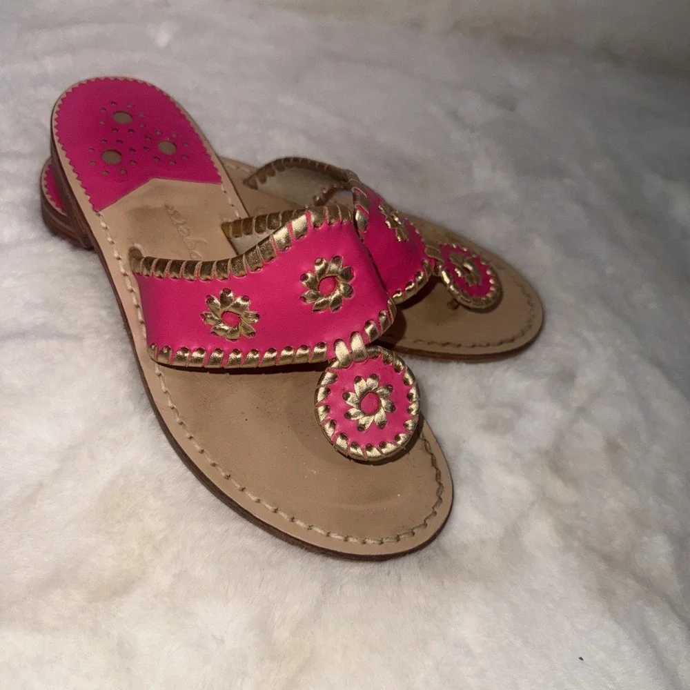 Jack Rogers Pink Gold‎ Leather Preppy Medallion Old Money Sandals Womens Size 5m